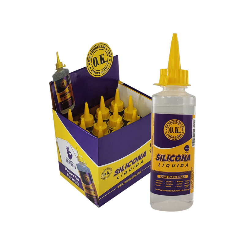 PEGAMENTO SILICONA (SI) LIQUIDA `OK` P/FOAMYS/PAPELES/USO GENERAL CJ.12pz.x100cc.C/U.
