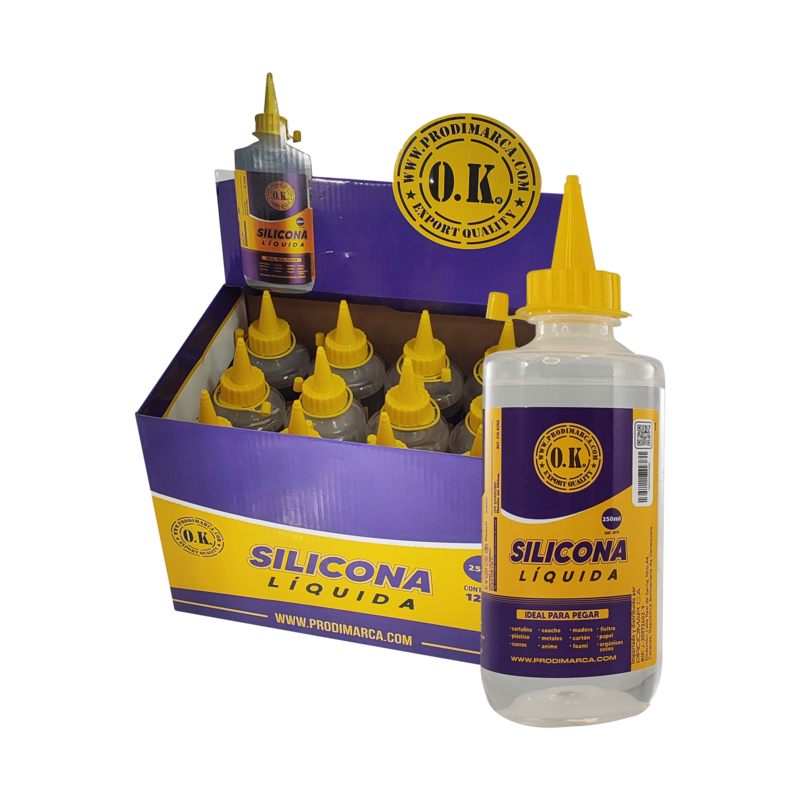 PEGAMENTO SILICONA (SI) LIQUIDA `OK` P/FOAMYS/PAPELES/USO GENERAL CJ.12pz.x250cc.C/U.