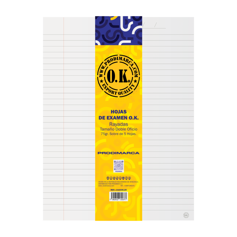 HOJAS DE EXAMEN `OK` DOBLE OF PQ. 25hj.BOND 75gr.432x330mm.(17,0x13,0