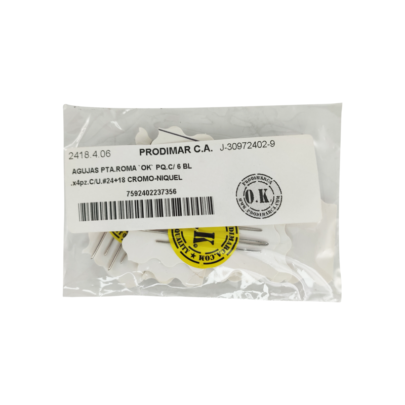 AGUJAS PTA.ROMA `OK` PQ.C/ 6 BL.x4pz.C/U.#24+18 CROMO-NIQUEL
