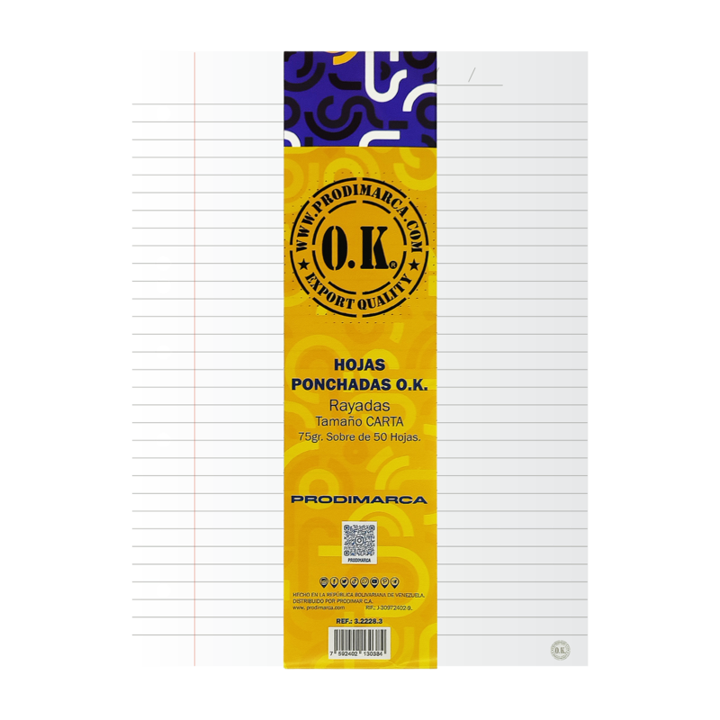 HOJAS PONCHADAS `OK` CARTA 6 HUECOS PQ.50hj.BOND 75gr.216x279mm.(8.5x11