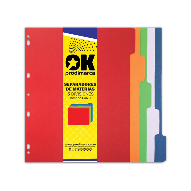 SEPARADORES DE 5 DIVISIONES `OK` COLOR 180gr.CARTA PQ.10jg.229x279mm.(9x11