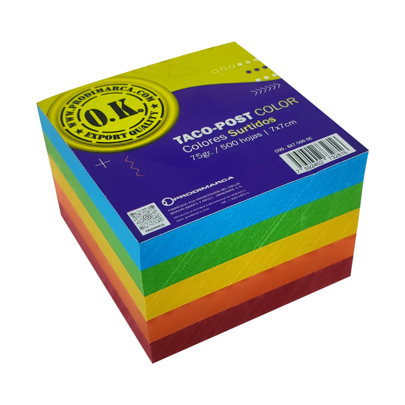 BLOCK TACO-POST OK BOND 75gr.MULTICOLOR 7x7cm.500hj.PQ.3pz.TONOS COLOR