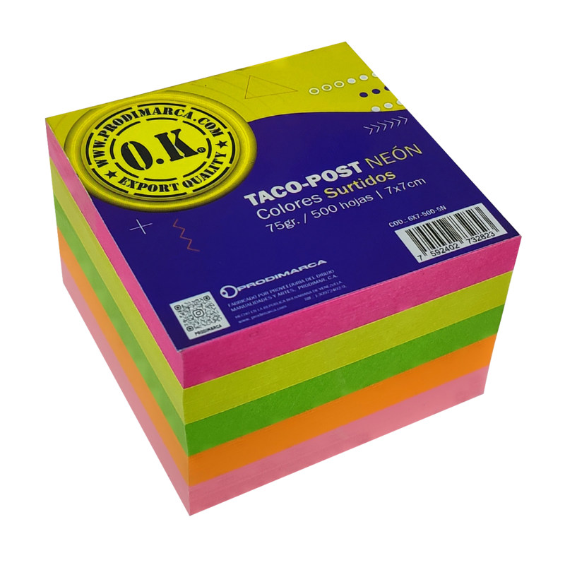 BLOCK TACO-POST OK BOND 75gr.MULTICOLOR 7x7cm.500hj.PQ.3pz.TONOS NEON