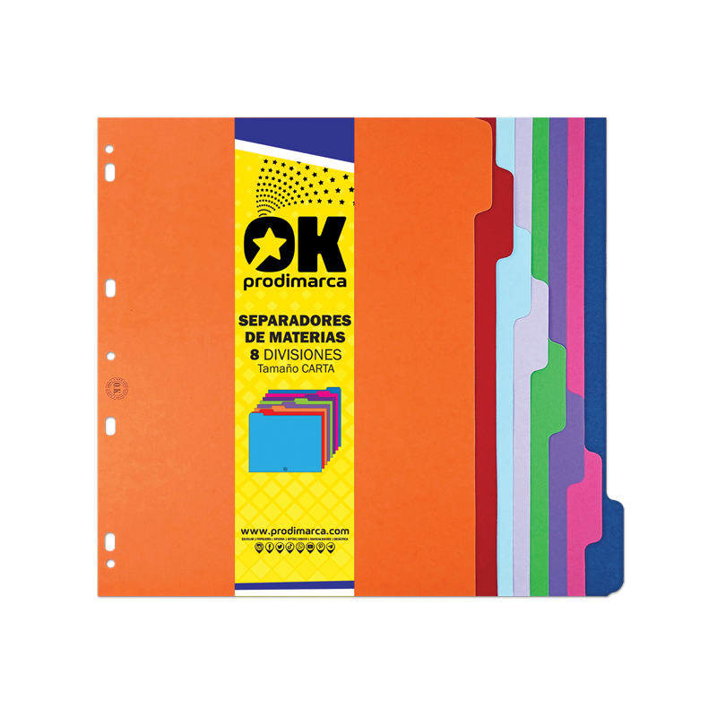 SEPARADORES DE 8 DIVISIONES `OK` COLOR 180gr.CARTA PQ.10jg.229x279mm.(9x11