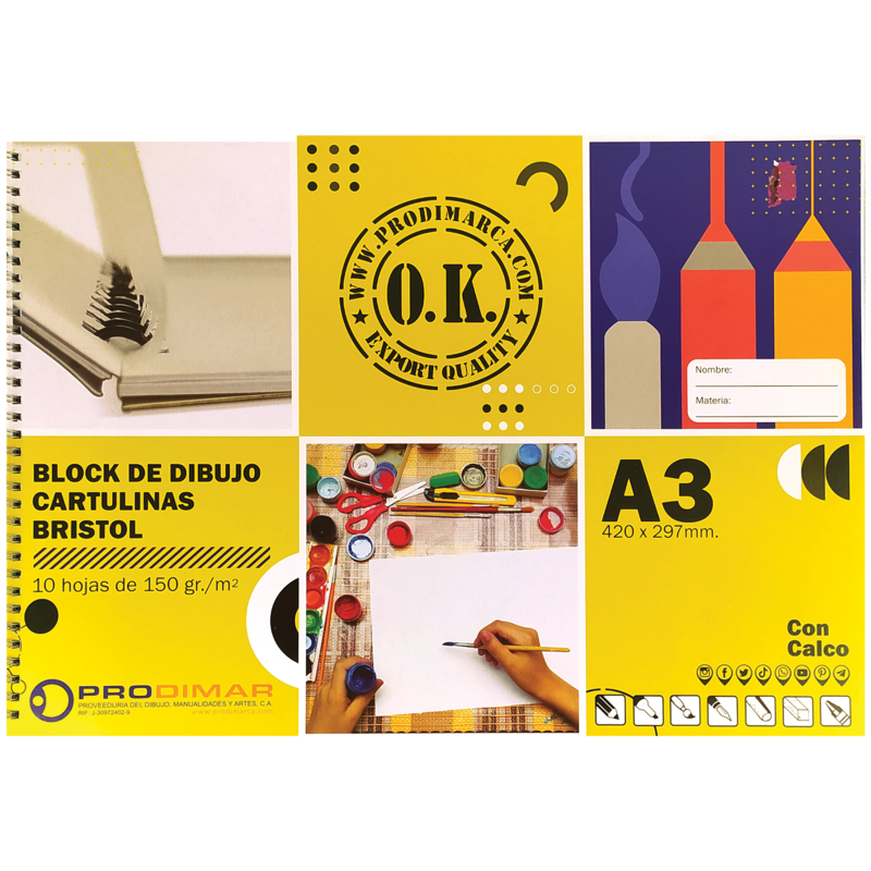 BLOCK DIBUJO-BRISTOL+CALCO+ESPIRAL `OK` 160gr.PQ.12pz.x10hj.420x297mm.P/PINTURA