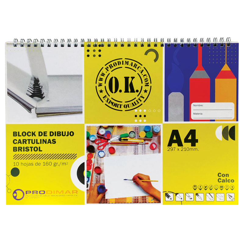 BLOCK DIBUJO-BRISTOL+CALCO+ESPIRAL `OK` 160gr.PQ.24pz.x10hj.297x210mm.P/PINTURA