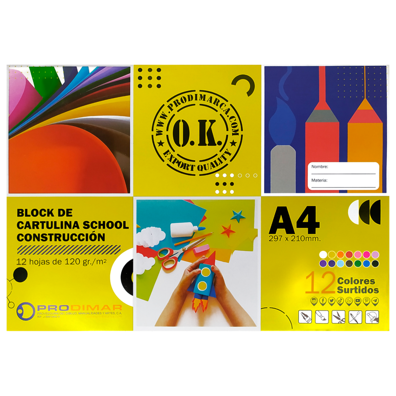 BLOCK CONSTRUCCION-SCHOOL `OK` 120GR.PQ.24PZ.X12HJ.297X210MM.12 COLORES