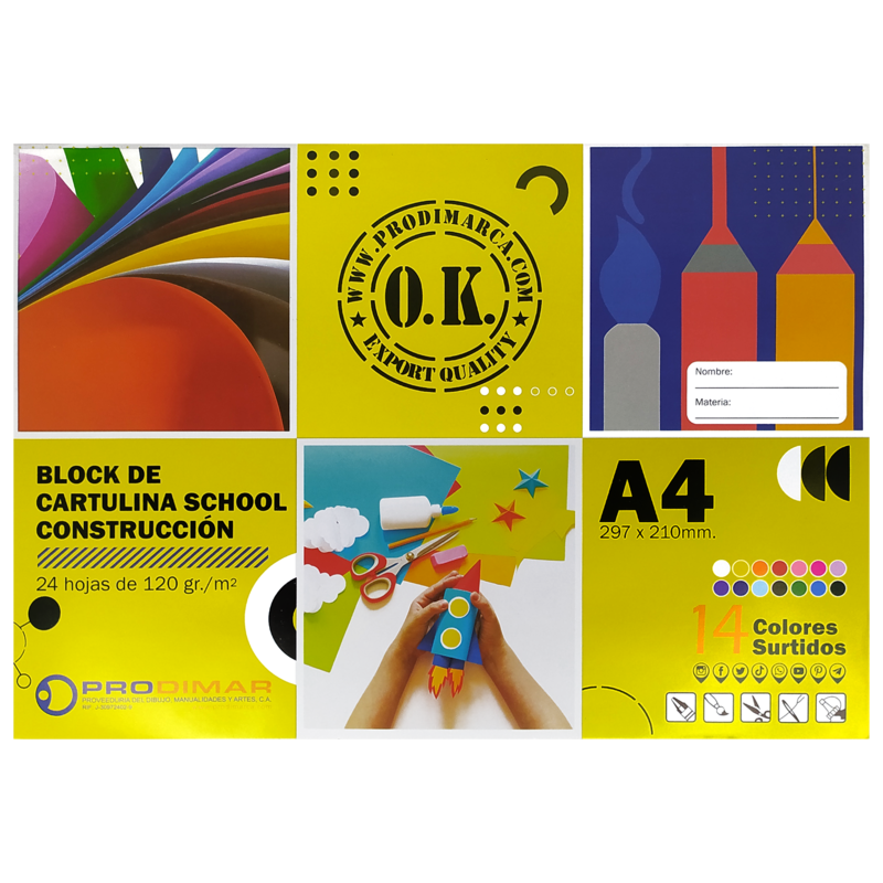 BLOCK CONSTRUCCION-SCHOOL `OK` 120GR.PQ.12PZ.X24HJ.297X210MM.14 COLORES