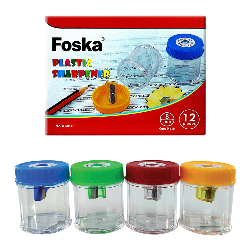 SACAPUNTAS ESCOLARES `FK` PLASTICO C/DEPOSITO CJ.12pz.GDE.6x5cm.1 PUNTA COL.SURT.