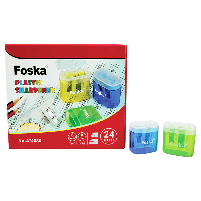 SACAPUNTAS ESCOLARES `FK` PLASTICO C/DEPOSITO CJ.24pz.PEQ.4x4cm.2 PUNTAS COL.SURT.