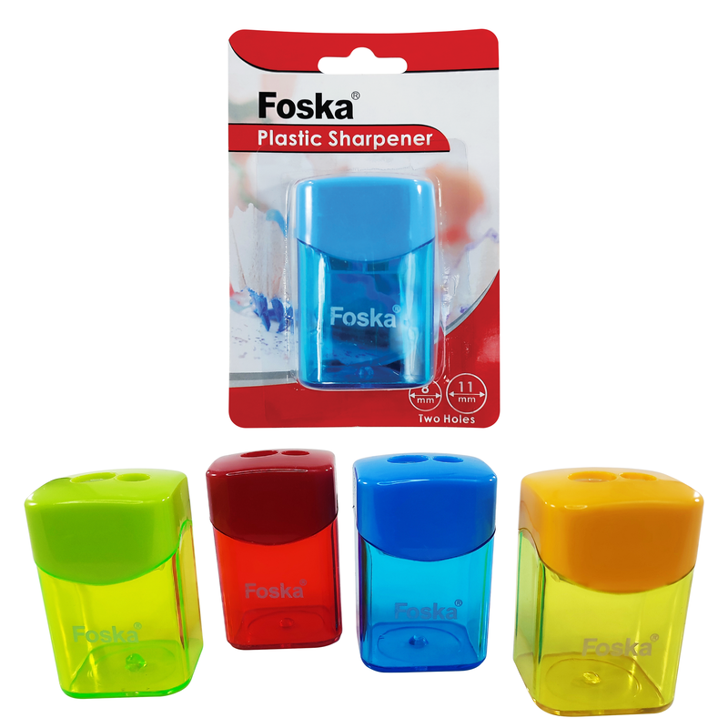 SACAPUNTAS ESCOLARES `FK` PLASTICO C/DEPOSITO BL.1pz.GDE.5x5cm.2 PUNTAS COL.SURT.