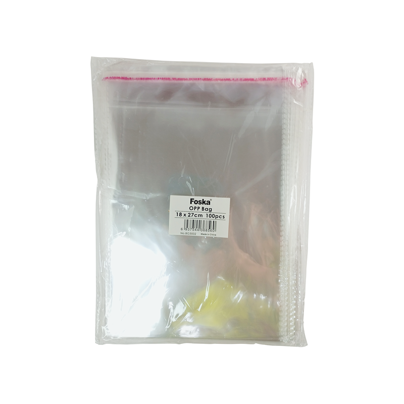 BOLSA PLASTICA (PPO) CRISTAL FK 18X27CM.C/SOLAPA AUTOADHESIVA PQ.100PZ.SIN FUELLE