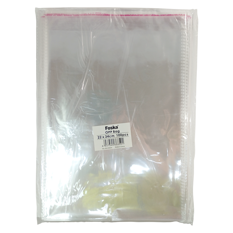 BOLSA PLASTICA (PPO) CRISTAL FK 22X34CM.C/SOLAPA AUTOADHESIVA PQ.100PZ.SIN FUELLE
