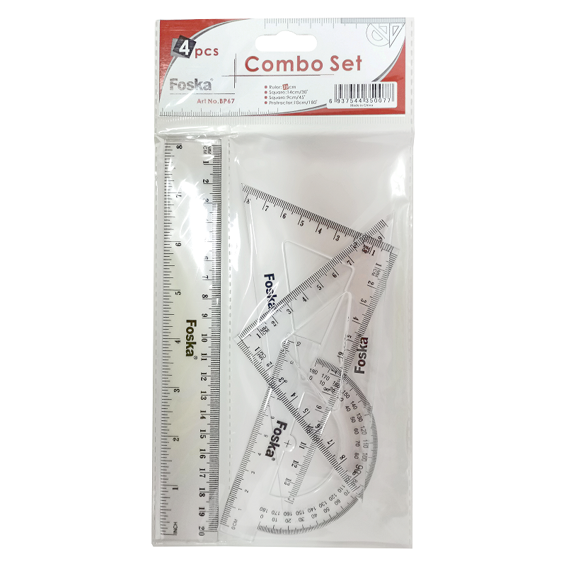 JGO.GEOM.PLASTICO (XPS) FK 20cm.ST.1pz..REGLA+2 ESCUADRAS+TRANSPORTADOR TRANSPARENTE