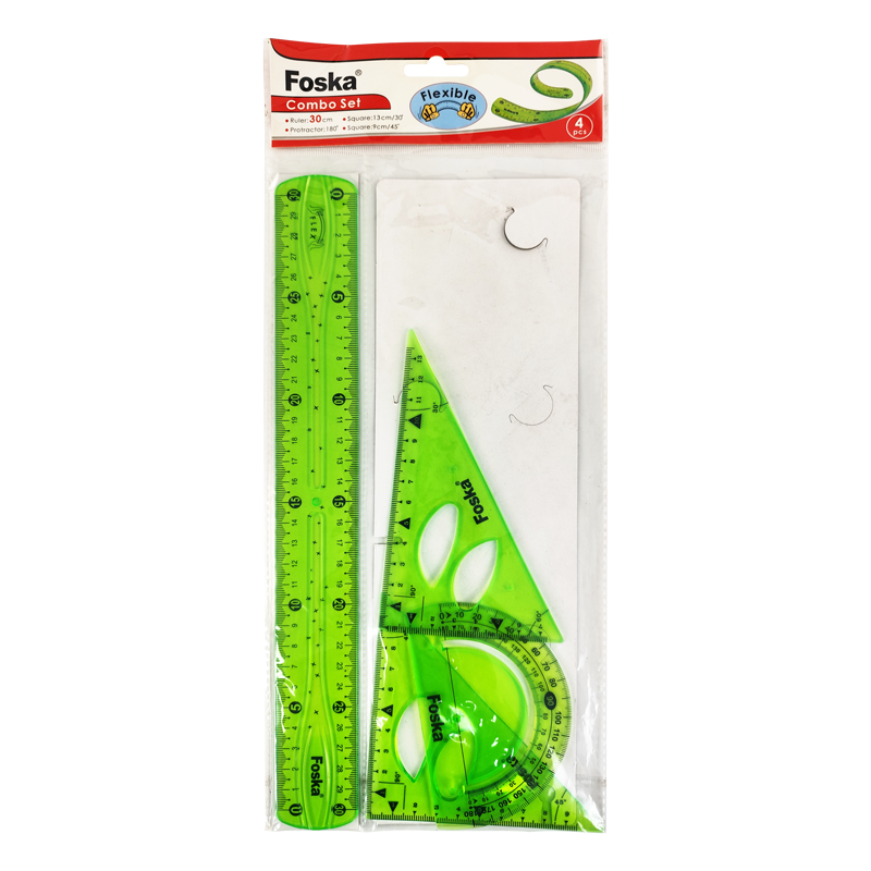 JGO.GEOM.PLASTICO (XPS) FK 30cm.ST.1pz.REGLA+2 ESCUADRAS+TRANSPORTADOR FLEXI-VERDE