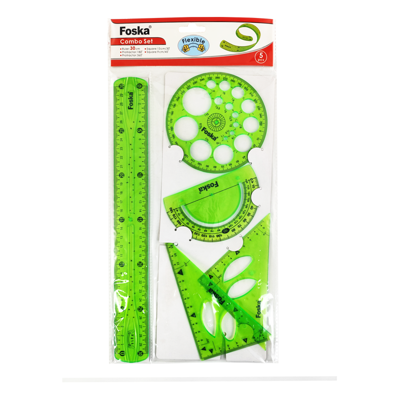 JGO.GEOM.PLASTICO (XPS) FK 30cm.ST.1pz.REGLA+2 ESCUADRAS+TRANSPORT.+ PLANTILLA FLEXIGREEN