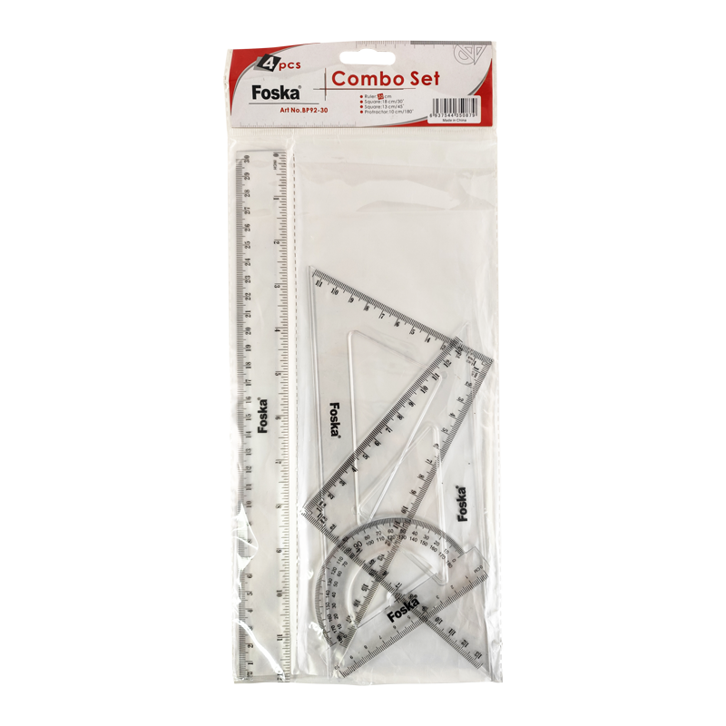 JGO.GEOM.PLASTICO (XPS) FK 30cm.ST.1pz.REGLA+2 ESCUADRAS+TRANSPORTADOR TRANSPARENTE
