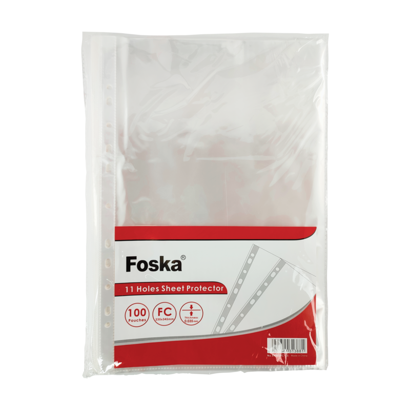 FUNDAS PROTECTORAS PLASTICAS (PP) P/CARPETAS `FK` PQ.100PZ.0,035MM.235X345MM.OFICIO C/11 HUECOS