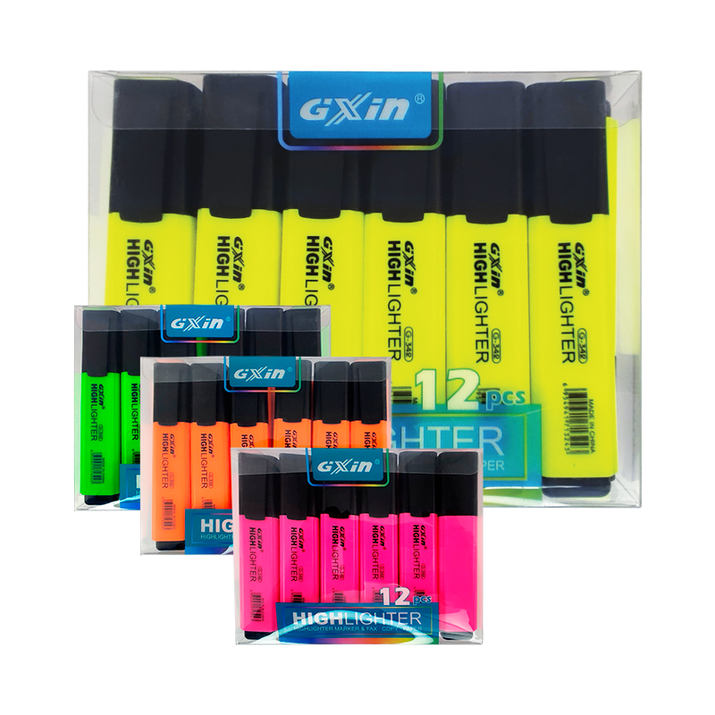 MARCADOR RESALTADOR `GX` GRUESO-PLANO PUNTA CINCEL C/CLIP CJ.12pz.xGAMA 6 COL.