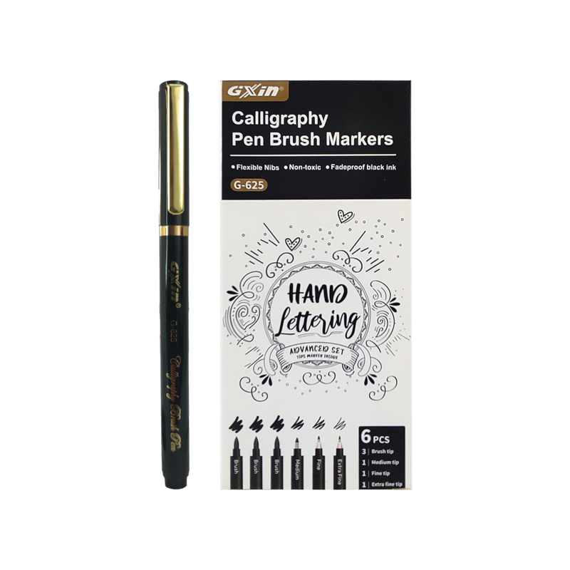 MARCADOR P/CALIGRAFIA MB BASE AGUA C/BRUSH+MEDIO+FINO+E.FINO ST.6pz.NEGRO