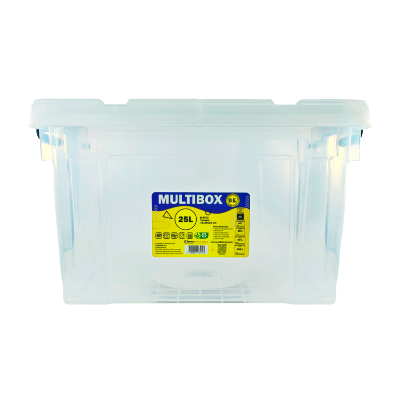 CAJA PLASTICA (PP) TRANSPARENTE OK 25 LITROS 42x30x25cm.EP.1pz./REFORZADA C/TAPA+ASA