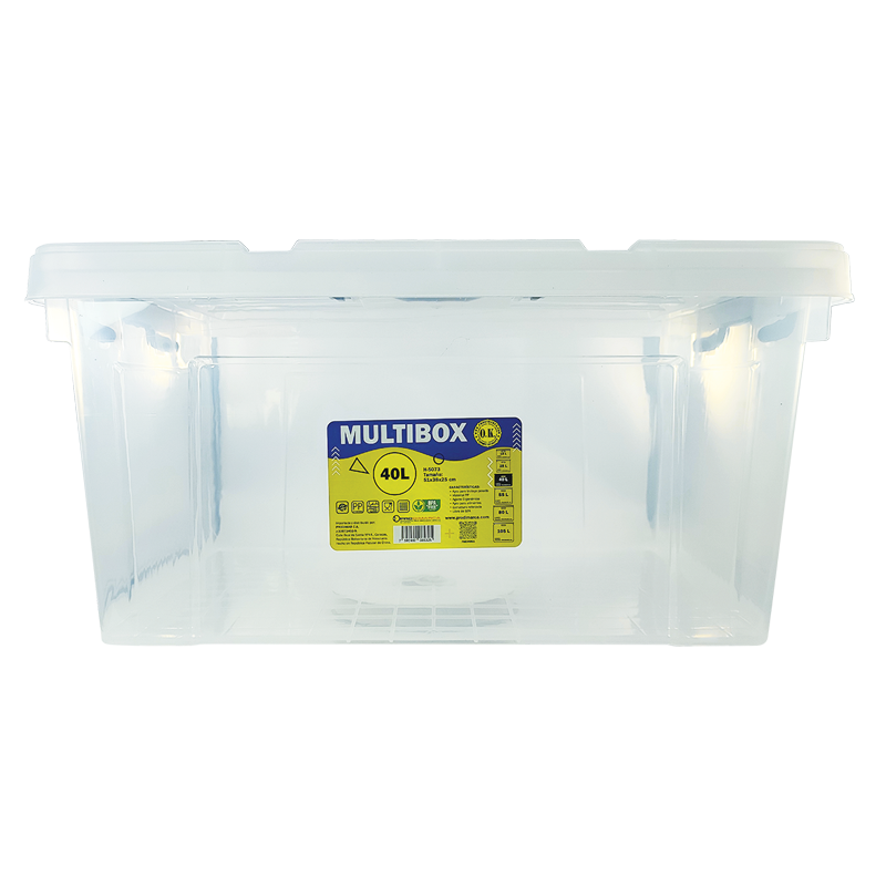 CAJA PLASTICA (PP) TRANSPARENTE OK 40 LITROS 51x38x25cm.EP.1pz./REFORZADA C/TAPA+ASA