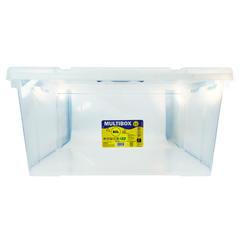CAJA PLASTICA (PP) TRANSPARENTE OK 80 LITROS 64x44x31cm.EP.1pz./REFORZADA C/TAPA+ASA