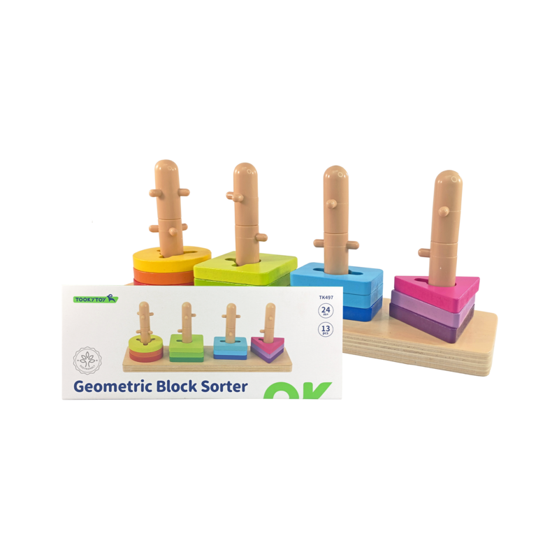JUEGO DIDACTICO 'KC' BLOQUES CUERPOS GEOMET.P/18 MESES O +.JG.1kt.13pz.PINO/PLASTICO/MDF
