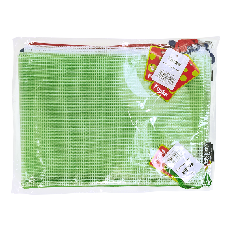 CARTUCHERA T/SOBRE MALLA `FK` PQ.12pz.EXTOF.33x24cm.C/CIERRE/COL.SURT.TONALIZADO