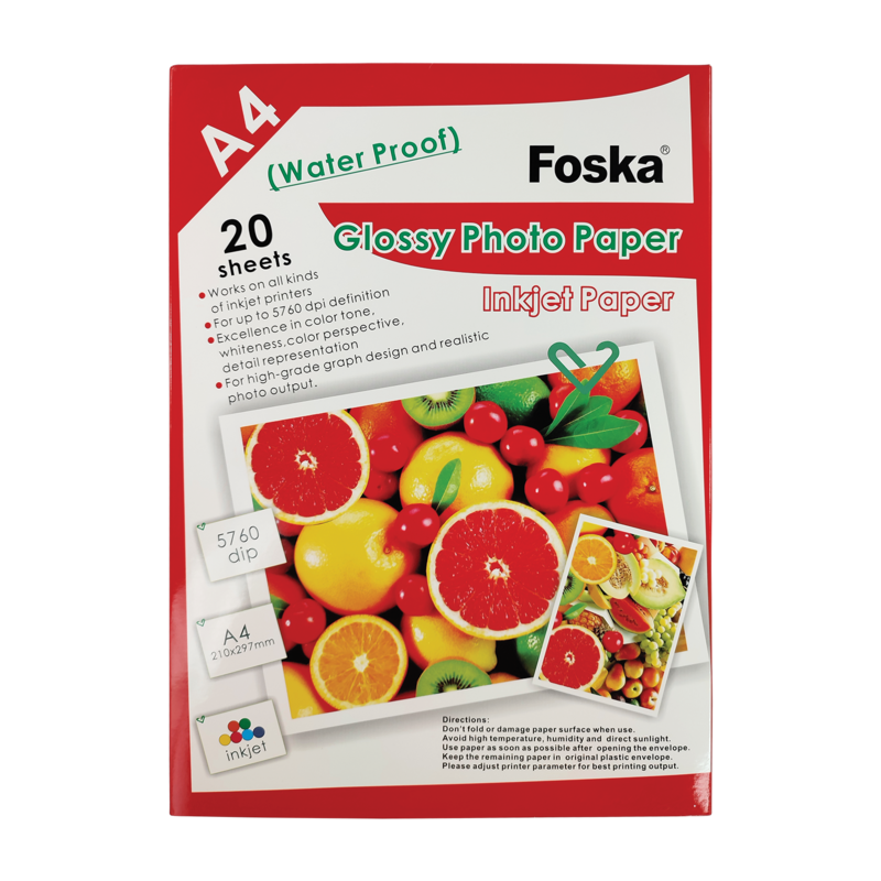 PAPEL FOTOGRAFICO FK ALTO BRILLO 210x297mm.PQ.20hj.DE 180gr./m2,